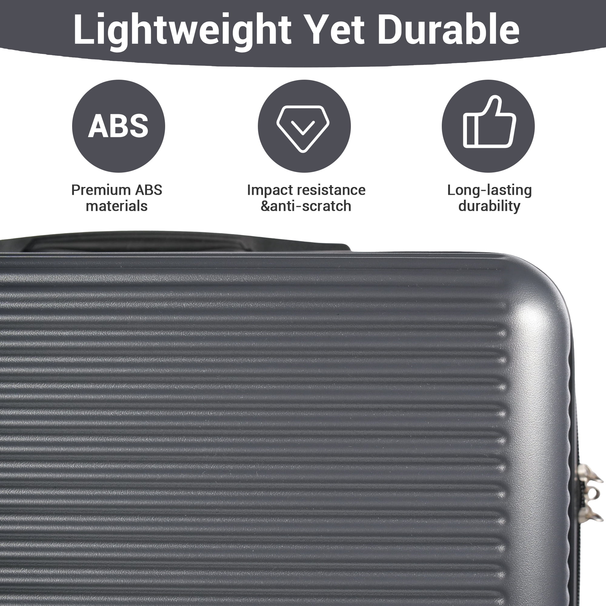Close-up of the durable, scratch-resistant diamond pattern hardshell luggage showing the premium grey finish and secure TSA lock