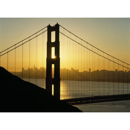 Yellow Sunrise Behind The Golden Gate Bridge With Skyline Behind Stretched Canvas - Ian Cumming Design Pics (18 x 13)