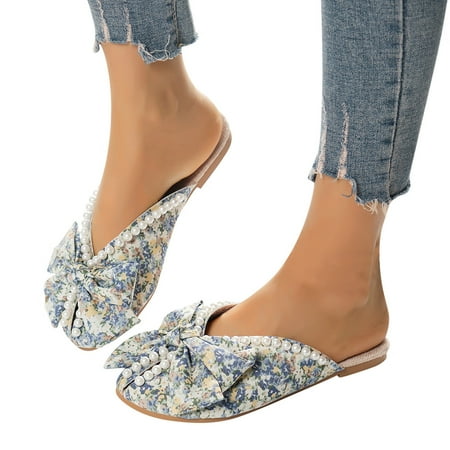 sandals for Women Women Shoes Flat Sandals Summer Boho Rhinestone Dress Shoes Comfortable Open Toe Pearl Rhinestone Sandals Roman Sandals PU Dress Sandals for Women Blue