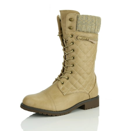 DailyShoes Women's Combat Style Lace up Ankle Bootie Quilted Military Knit Credit Card Knife Money Wallet Pocket Boots, Beige Pu, 10