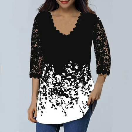 Ayolanni Plus Size Sleep Shirt Women s Lace 3/4 Sleeve V Neck T Shirt Ladies Floral Blouse Tunic Tops Plus Size
