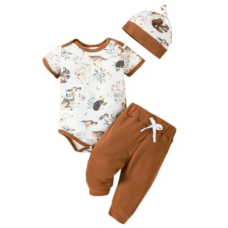 Boys Clothes Short Sleeve Cartoon Print Romper Solid Colour Pants Hat Outfits Set For Kids Clothes
Boys Clothes Short Sleeve Cartoon Print Romper Solid Colour Pants Hat Outfits Set For Kids Clothes