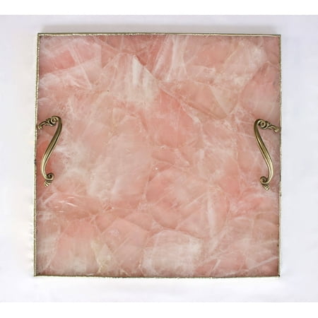Rose Quartz Agate Serving Tray With Brass Handles | Square