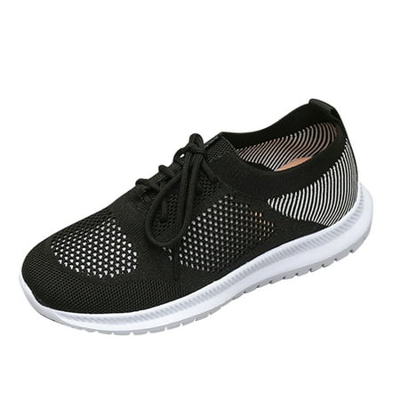 

SEMIMAY Woven Shoes Fly Mesh Sports Fashion Flat Breathable Hollow Women s Lace-Up Casual Women s Black