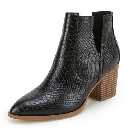 Dellytop Womens Mid Heel Pointed Toe Stacked Ankle Boots V Cut Back Zipper Faux Leather Booties