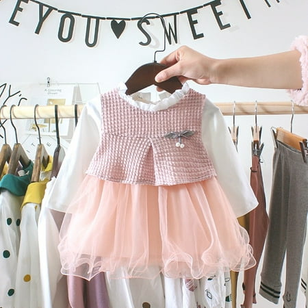 Children's autumn girls cute mesh solid color fake two-piece long-sleeved sweet dress
