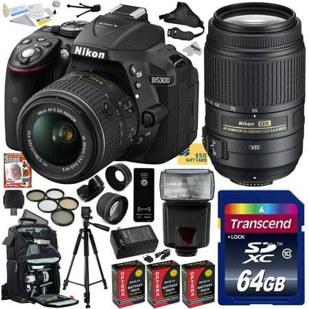 Nikon D5300 24.2 MP CMOS Digital SLR Camera with 18-55mm f\/3.5-5.6G ED VR II AF-S DX NIKKOR Zoom Lens & AF-S NIKKOR 55-300mm f\/4.5-5.6G ED VR Zoom Lens (Black) (1522) with 64GB SD Memory Card and more Nikon D5300 24.2 MP CMOS Digital SLR Camera with 18-55mm f\/3.5-5.6G ED VR II AF-S DX NIKKOR Zoom Lens & AF-S NIKKOR 55-300mm f\/4.5-5.6G ED VR Zoom Lens (Black) (1522) with 64GB SD Memory Card and more