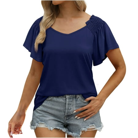 

Hfyihgf Womens Tops Smocked Ruffle Sleeve V Neck Dressy Blouse Casual Off Shoulder Tunics T Shirts Summer Fashion(Navy XL)