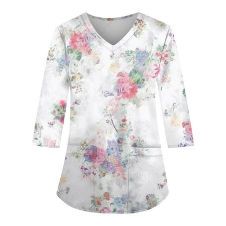 PURJKPU Womens Scrub Tops 3/4 Sleeve V-Neck Working Uniform Floral Printed Nurse Shirts Soft Comfortable Tee with Pockets White S
PURJKPU Womens Scrub Tops 3/4 Sleeve V-Neck Working Uniform Floral Printed Nurse Shirts Soft Comfortable Tee with Pockets White S