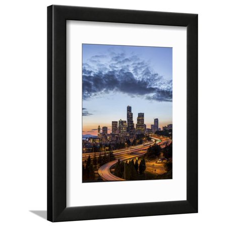 Washington, Seattle. Sunset View of Downtown over I-5 from the Jose Rizal Bridge Framed Print Wall Art By Gary Luhm