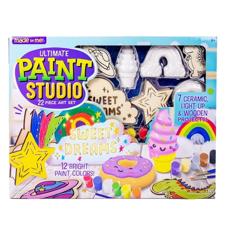 Made By Me Ultimate Paint Studio, 22 Piece Art Set, 7 Ceramic, Light Up & Wooden Products, 12 Bright Paint Colors