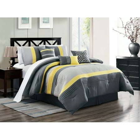 11-Pc Clio Triangle Meander Greek Key Embroidery Embossed ZigZag Herringbone Pleated Comforter Curtain Set Yellow Gray Silver Queen