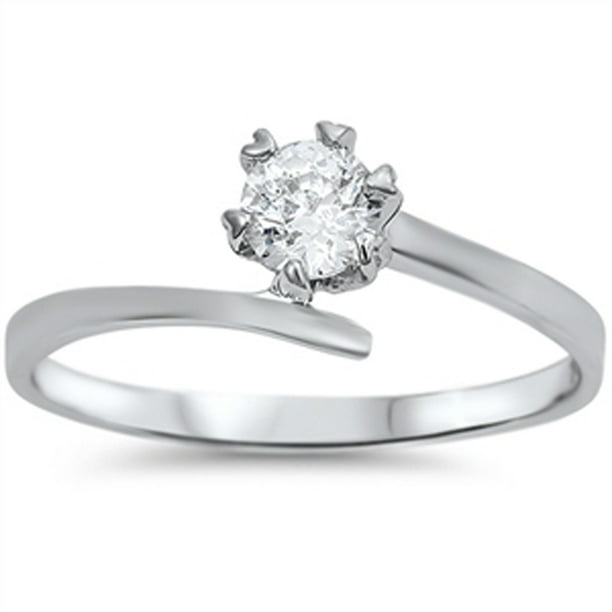 White CZ Round Solitaire 6 Prong Wave Ring .925 Sterling Silver Band Size 4