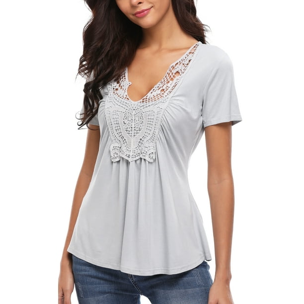 MISS MOLY Women's Peasant Tops Deep V-Neck Lace Ruched Front Ruffle Blouse Pleated Shirts Light Gray XL