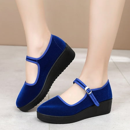 Yinguo Women Flock Buckle Strap Wedges Round Toe Breathable Dancing Single Shoes