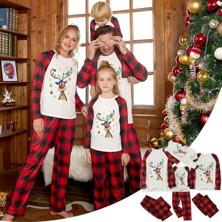 

YYDGH Family Christmas Pjs Matching Sets Xmas Reindeer Plaid Christmas Matching Pajamas for Adults Kids Holiday Family Xmas Jammies Sleepwear Set