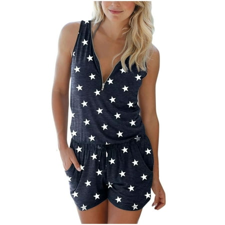 Otvok Womens V-Neck Sleeveless Casual Print Zipper Short Jumpsuit Rompers With Pockets
Otvok Womens V-Neck Sleeveless Casual Print Zipper Short Jumpsuit Rompers With Pockets
