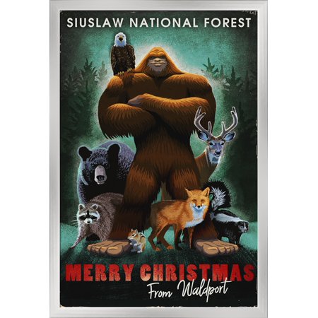 Waldport, Oregon - Merry Christmas - Bigfoot - Respect Our Wildlife - Lantern Press Artwork (24x36 Giclee Art Print, Gallery Framed, Silver Wood)