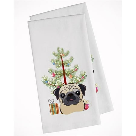 Christmas Tree & Fawn Pug White Kitchen Towel - Set of 2