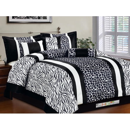 7-Pc Soft Faux Fur Safari Double Striped Zebra Giraffe Comforter Set Black White King