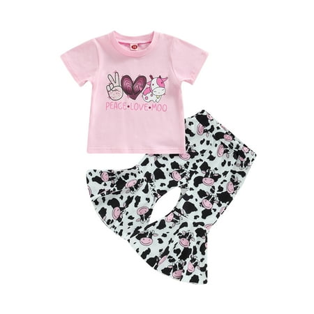 Infant Toddler Baby Girl Cow Outfit Short Sleeve Letter Print Tops Flare Pants Cute Clothing
Infant Toddler Baby Girl Cow Outfit Short Sleeve Letter Print Tops Flare Pants Cute Clothing