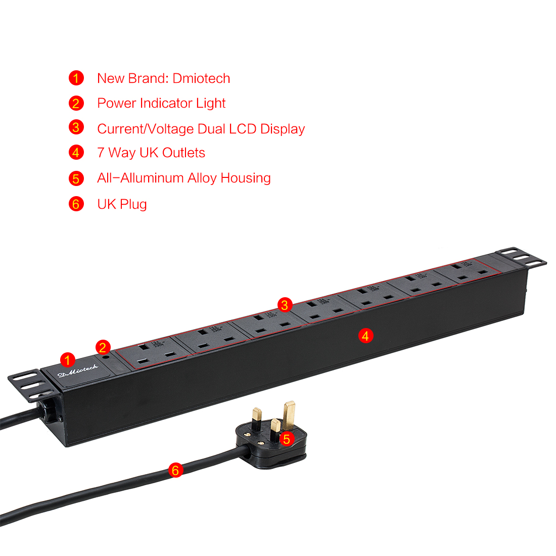 AC230V 13A UK Plug 1U Rackmount 7 Way Outlet PDU Power Distribution