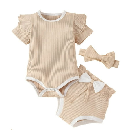 DNDKILG Infant Baby Toddler Girls Ruffle Bodysuit and Bow Shorts Set Short Sleeve Outfits Summer Clothes Set with Headband Beige 0-2Y 70
DNDKILG Infant Baby Toddler Girls Ruffle Bodysuit and Bow Shorts Set Short Sleeve Outfits Summer Clothes Set with Headband Beige 0-2Y 70