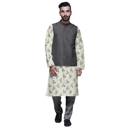 Atasi Printed Kurta With Solid Pajama & Nehru Jacket Set For Mens Party Wear