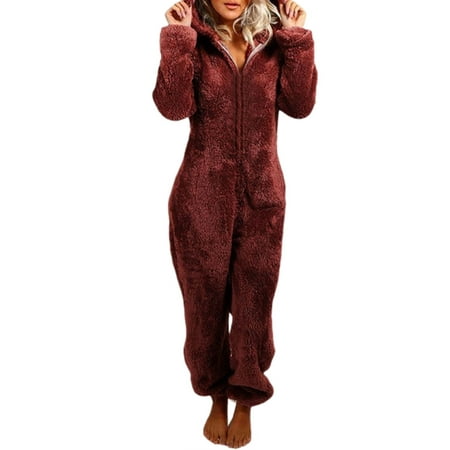 LisenraIn Women S Warm Plush Romper Winter Pajamas Zipper Hooded Jumpsuit