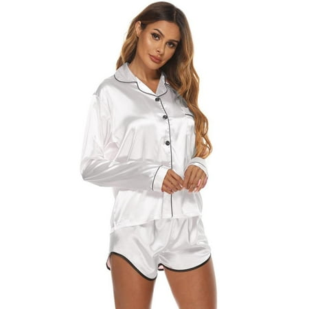 Womens Silk Satin Pajamas Set Long Sleeve Loungewear Two-piece Sleepwear Button-Down Pj Set