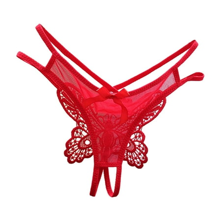 Underwear Women Low Waist Traceless Mesh Embroidered Big Butterfly Open End Thong Underwear