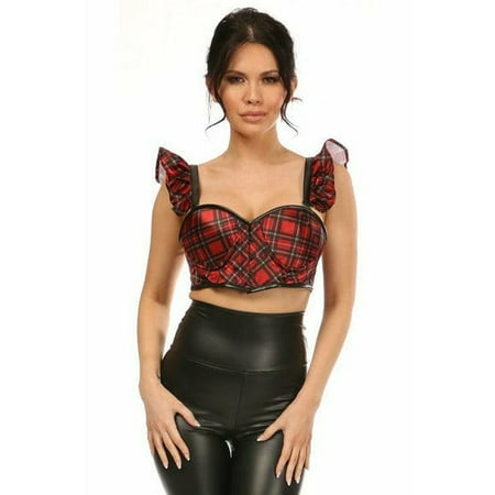 Lavish Red Plaid Underwire Bustier Top With Removable Ruffle Sleeves