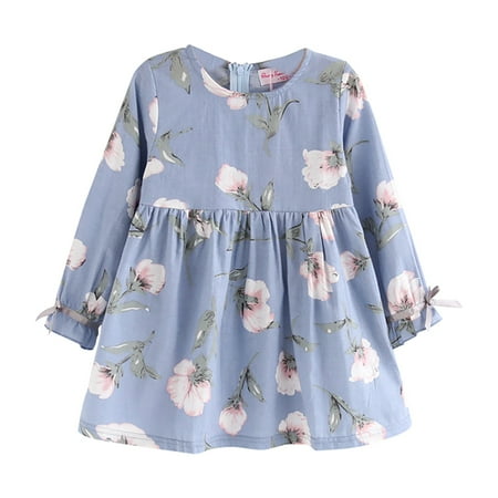 OVTICZA Baby Toddler Long Sleeve Dresses Spring Dress Bow Floral Sundress for Girls Blue 120