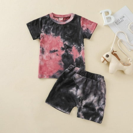 CHGBMOK Clearance Toddler Kids Baby Boys Girls Summer Tie-Dye Short-Sleeved Shorts Clothes Set
