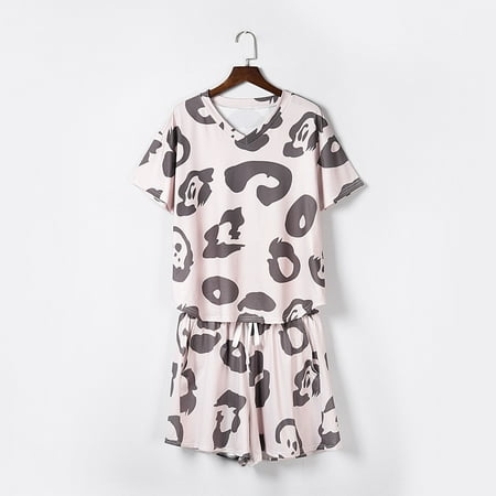 JNGSA Women s Fit Casual Short-Sleeve Pajama Set Leopard Short Sleeve Tops and Drawstring Shorts Casual Sleepwear Sets Khaki