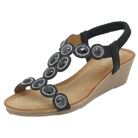 

SEMIMAY Women Summer Elastic Band Rhinestones Casual Open Toe Wedges Soft Bottom Breathable Shoes Sandals Black