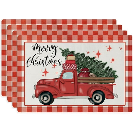 

RooRuns Merry Christmas Red Truck Placemats for Dining Table 12x18 Inch Buffalo Plaid Place Mats Set of 4 Winter Xmas Decorations for Indoor Outdoor Party Washable Table Mat