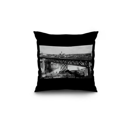 Spokane, Washington - View of Spokane Falls and Bridge (18x18 Spun Polyester Pillow, Black Border)