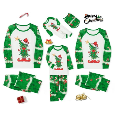 Christmas Family Matching Pajamas Set Elf Xmas Tree Print Tops+Pants Holiday Pjs Sleepwear Loungwear Outfit