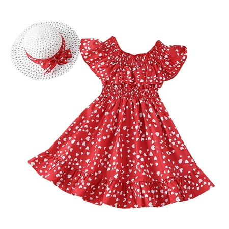 Kids Toddler Girls Ruffled Sleeve Off Shoulder Love Print Elastic Waist Summer Princess Dress With Hat Set Outfits 2PCS
Kids Toddler Girls Ruffled Sleeve Off Shoulder Love Print Elastic Waist Summer Princess Dress With Hat Set Outfits 2PCS