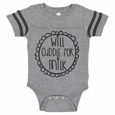 Adorable & Funny Milk Baseball Bodysuit Raglan "Will Cuddle For Milk” Newborn Cuddle Shirt Gift - Baby Tee, 6-12 months, Grey & Black Short Sleeve