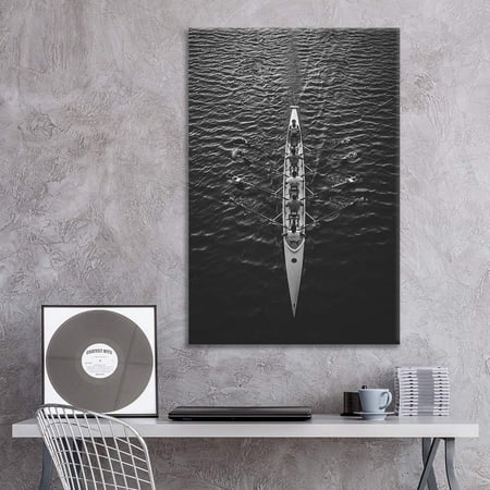 wall26 - Canvas Wall Art Sports Theme - Team Rowing in The Sea in Black White - Giclee Print Gallery Wrap Modern Home Decor Ready to Hang - 12x18 inches