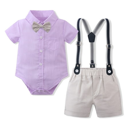Baby Boy Clothes Summer Gentleman Birthday Suits Newborn Party Soft Cotton Solid Rmper + Belt Pants With a Bowtie 80 grey