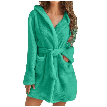 

DxhmoneyHX Fuzzy Robe for Women Short Belted Bathrobe Plush Fleece Kimono Robe Soft Solid Color Spa Robes with Pockets