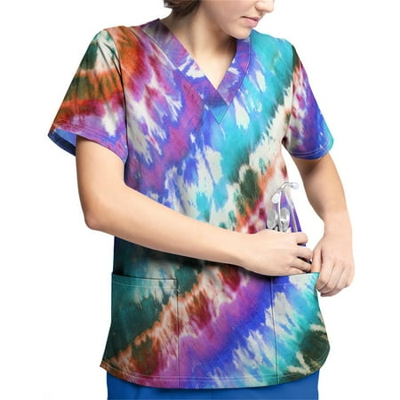 Sksloeg Women s Scrubs Women Short Sleeve Tops Working Uniform Tie-dye Printed Scrub Tops with Pocket Blouse Purple 3XL