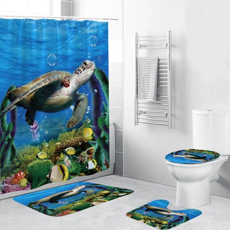 4PCS Non Slip Toilet Polyester Cover Mat Set Bathroom Shower Curtain