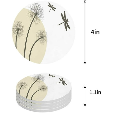 

KXMDXA Dandelion Set of 4 Round Coaster for Drinks Absorbent Ceramic Stone Coasters Cup Mat with Cork Base for Home Kitchen Room Coffee Table Bar Decor