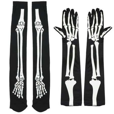 1 Set Halloween Cosplay Gloves and Socks Skeleton Long Gloves Thigh High Socks