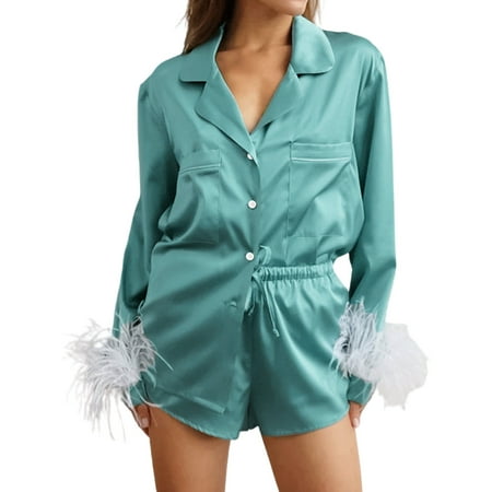 Viugreum Women s Pajamas Sets Long Sleeve | Satin Sleepwear Set with Shorts | Feather Trim Nightwear Loungewear PJs Home Wear Clothes ( S-XL )
Viugreum Women s Pajamas Sets Long Sleeve | Satin Sleepwear Set with Shorts | Feather Trim Nightwear Loungewear PJs Home Wear Clothes ( S-XL )