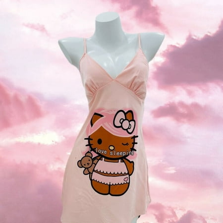 

Anime Hello Kitty Sanrio Nightgown Summer New Hot Mulberry Silk One V Collar Suspender Nighty for Ladies Nightdress Home Clothes